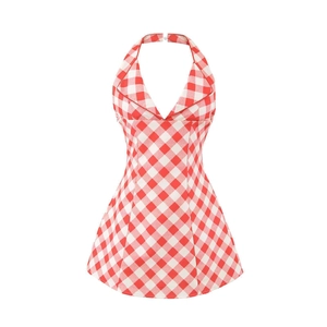 Summer red gingham halter neck A-line backless dress with a retro deep V-neckline