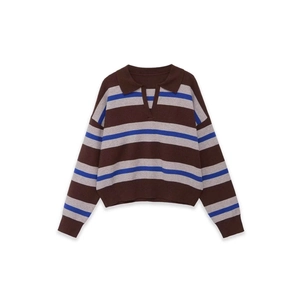 Classic striped knit sweater with polo collar and deep V-neck in blue and brown