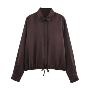 Women's chocolate brown satin long sleeve shirt with drawstring hem and silk finish