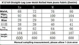 Detailed size guide for women straight low-waist jeans with rolled hem dimensions