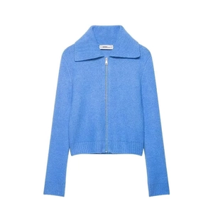 Women Casual Knit Cardigan Light Blue Polo Collar Zip Up Long Sleeve Sweater Solid Ribbed Knit Commuter Wear Fall Top