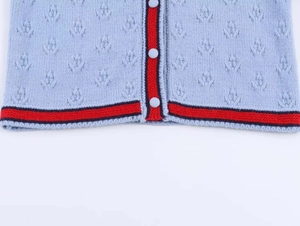 Vue détaillée du gilet en tricot bleu clair avec motifs de couronnes et liseré