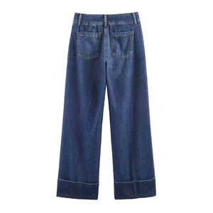 Straight leg dark blue denim jeans featuring unique wide folded cuffs and high waist