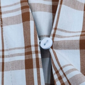 Classic blue and brown checkered cotton poplin shirt featuring white button detail