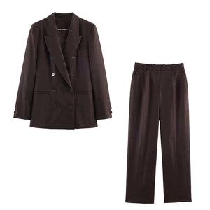 Ensemble Blazer Et Pantalon Femme Tenue Bureau Business Croisé Épaulières Taille Haute Jambe Droite Café Foncé Polyester Élégant Mode
