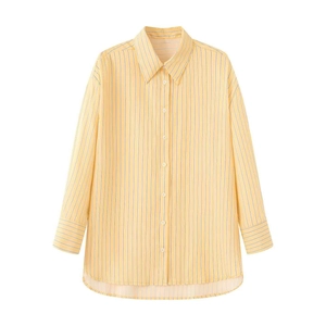 Light yellow long sleeve shirt with blue vertical stripes and classic button-down collar