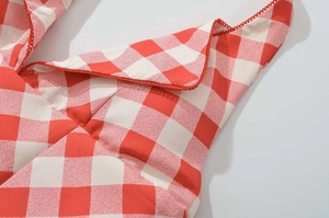 Detail of red gingham fabric with micro dots and intricate red lace trim edges