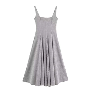 Robe Maxi Vichy Élégante pour Femmes Col Carré Sans Manches Plaid Plissée Ligne A Robe Longue Été Décontractée