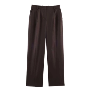 Pantalon tailleur femme marron foncé à taille haute et jambe droite avec pli central chic