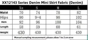 Size guide for denim midi skirt showing waist and hip measurements for sizes XS to L