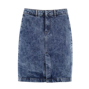 Women's High Waist Straight Denim Midi Skirt Casual Commute Washed Blue Skirt With Pockets And Front Slit Elegant Bottoms