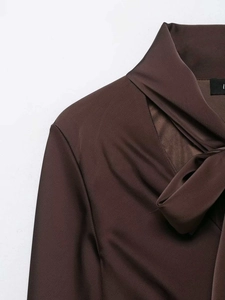 Détail du chemisier en satin marron foncé avec un nœud papillon élégant et une texture premium