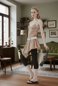 Détail de la robe à carreaux brun rouge avec ceinture en dentelle ajourée et sac en tissu