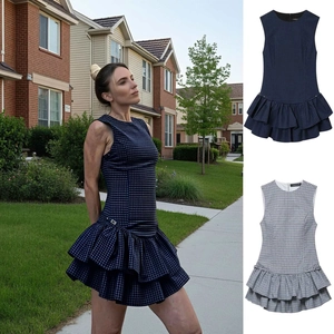 Abito Mini da Donna Elegante Senza Maniche a Quadri con Orlo a Balze Stratificato Girocollo Slim Fit Casual