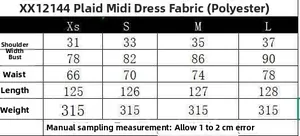 Tableau des tailles détaillé pour robe midi à carreaux avec mesures de buste et longueur