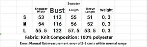 Size chart for striped knit sweater showing shoulder, bust, and length in centimeters