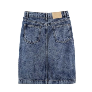 High-waist straight denim skirt in dark blue wash with back pockets and leather patch