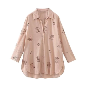 Pale pink cotton-linen casual shirt featuring circular cutout embroidery and curved hem