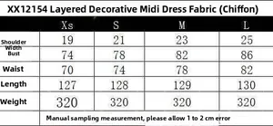 Size chart table for the tiered chiffon midi dress showing detailed measurements