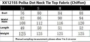 Size chart for chocolate polka dot halter top showing bust and length measurements