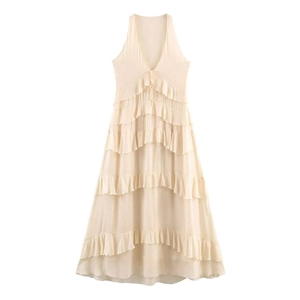 Summer Elegant V-Neck Sleeveless Chiffon Midi Dress For Women Layered Ruffle Casual Vacation Solid Color Apricot Beach Dress