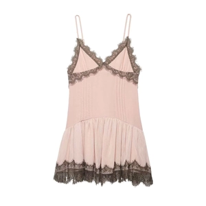 Light pink V-neck slip dress with delicate dark brown eyelash lace trim and pleated hem