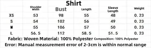 Tableau des tailles pour chemise en satin pour femmes avec mesures de XS à L en centimètres