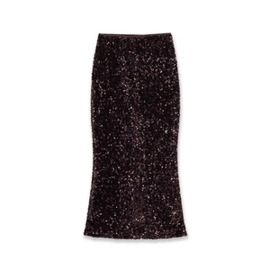 Deep purple sequin midi skirt with high density shimmering beads and slim fit silhouette