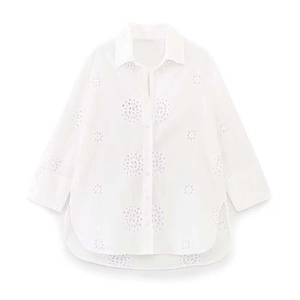 Elegant white embroidered hollow-out shirt with button-up collar and long sleeves