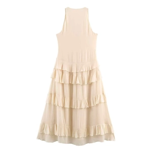 Beige sleeveless tiered midi dress with elegant ruffled layers for summer beach wear