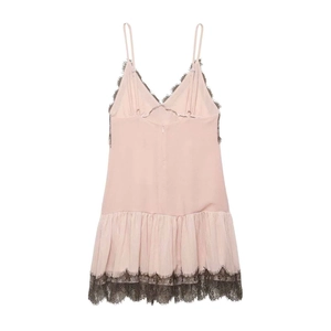 Pink satin slip dress with grey eyelash lace trim and ruffled hem for summer wear