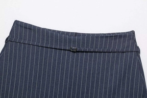 Détail de la taille d'une jupe bleu marine à rayures avec ceinture et boucle argent