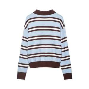Detailed back view of light blue striped knit sweater with brown ribbed cuffs and collar