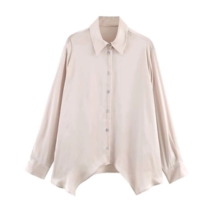 Women Satin Asymmetric Hem Shirt Elegant Long Sleeve Casual Button Up Blouse Champagne Solid Color Office Lady Tops