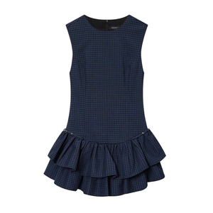 Abito senza maniche a scacchi blu navy e nero con balze a strati sul fondo da donna