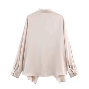 Champagne satin long sleeve blouse for women with a glossy finish and asymmetric hem