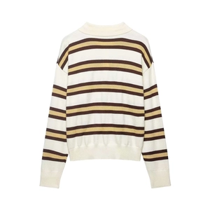 Classic striped knit sweater in cream with brown and yellow stripes and ribbed cuffs
