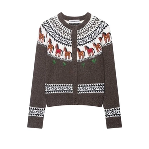 Cardigan en Tricot Jacquard Cheval Western Vintage pour Femmes Pull à Manches Longues Col Rond Décontracté Marron