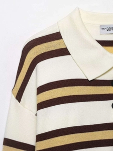Close-up of the vintage polo collar and detailed striped knit texture of the sweater