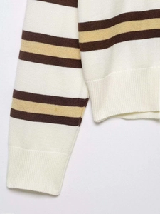 Close-up of the vintage striped knit sweater showing fine texture and ribbed cuffs