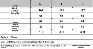 Detailed size chart for oversized striped knit sweater including chest and sleeve measurements