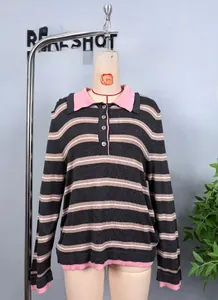 Detail of the pink polo collar and grey striped knit pattern on this women's long sleeve sweater