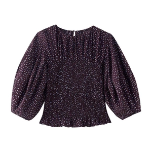 Chemisier Vintage à Pois Manches Bouffantes Femmes Élégant Smocké Col Carré Coupe Slim Haut Pull Décontracté Bordeaux