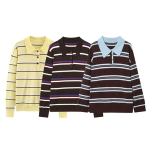 Maglione da Donna Casual a Righe con Colletto Polo Pullover in Maglia a Maniche Lunghe Top Retrò a Righe per Signora