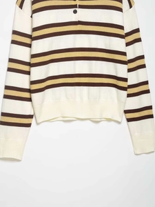 Detailed view of striped knit polo with rib-knit cuffs and single button collar