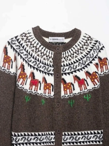 Détail du cardigan en maille marron avec motifs jacquard de chevaux et cactus et boutons
