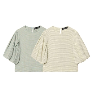 Women Casual Gingham Round Neck Puff Sleeve Top Summer Loose Polyester Plaid Blouse Elegant Short Sleeve Shirt For Daily