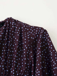 Gros plan sur le col plissé et les pois bleu clair sur une chemise tissée marron rouge
