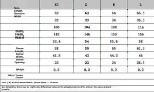 Detailed size guide table for long sleeve ruffled shirt with exact measurements in cm