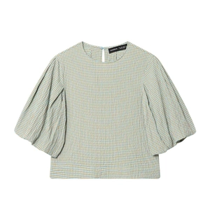 Green and white gingham check blouse with vintage puffed sleeves and round neckline